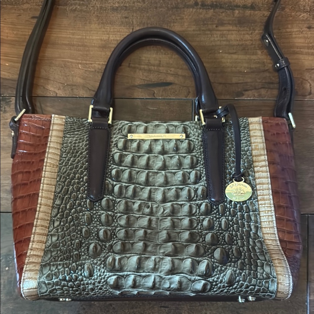 Brahmin Brown, Green and Tan Crocodile Embossed Satchel.